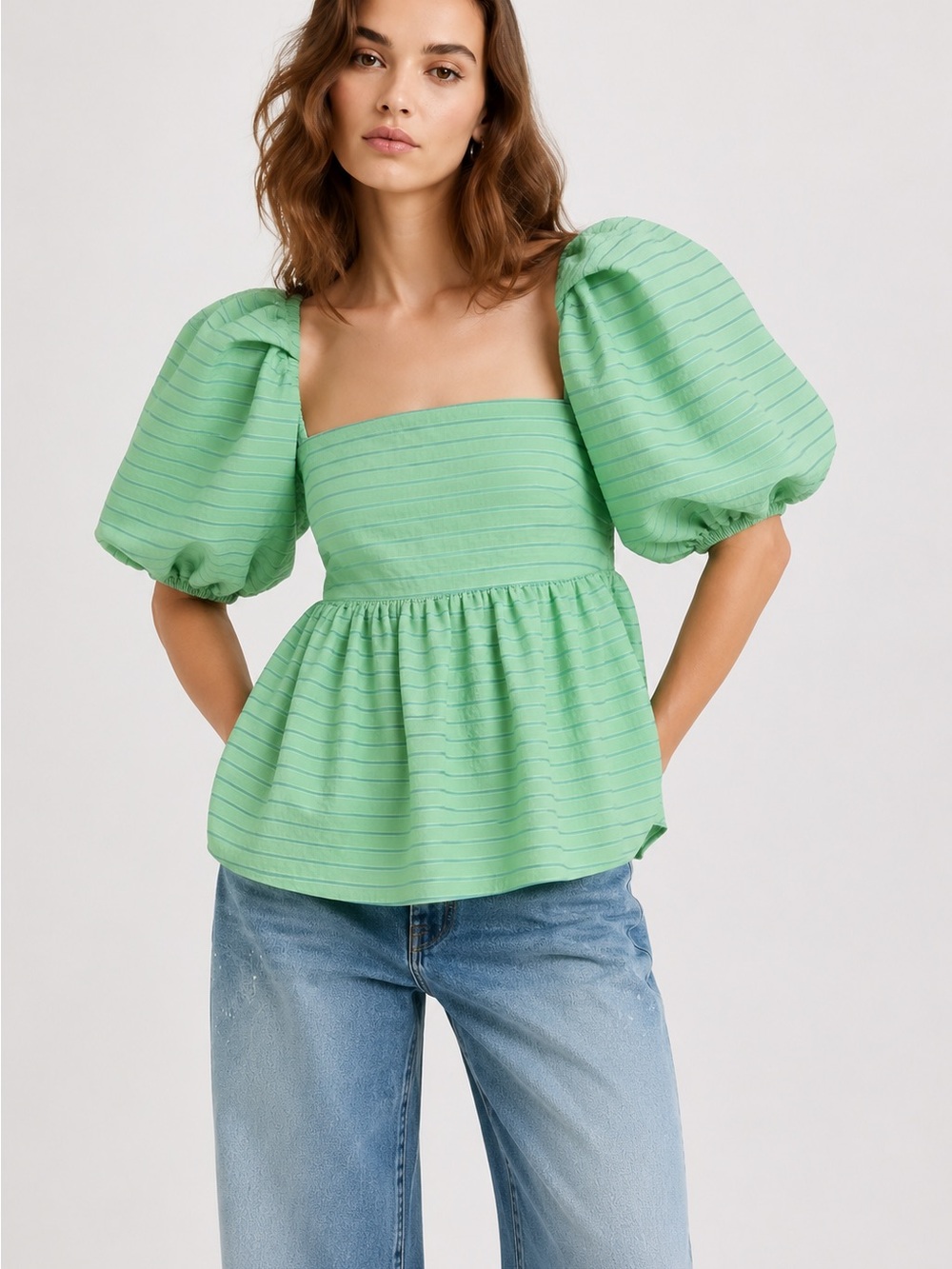 NWT Stine Goya Kinsley Sage Striped Rayon Puff Sleeve Peplum Top L